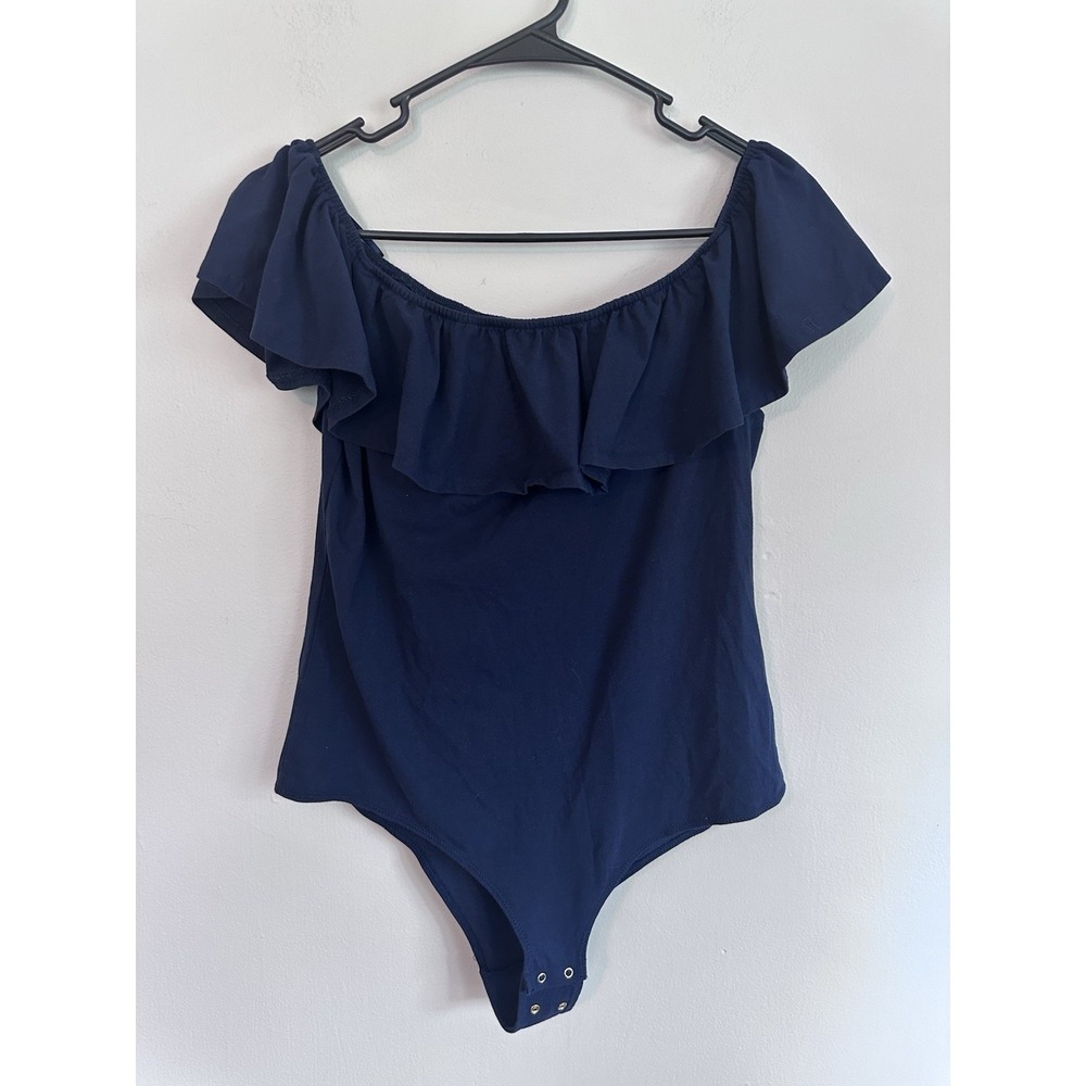 J.Crew Womens Ruffle Stretch Bodysuit Off The Shoulder Navy Blue Size XL